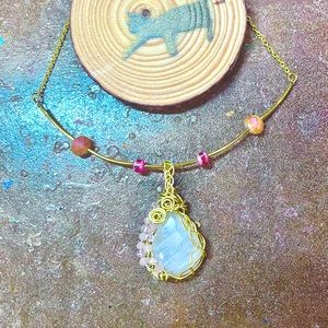 Flashy Moonstone, Gold & Crystal Clavicle Necklace